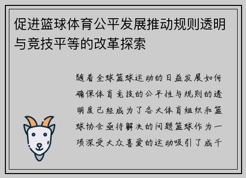 促进篮球体育公平发展推动规则透明与竞技平等的改革探索