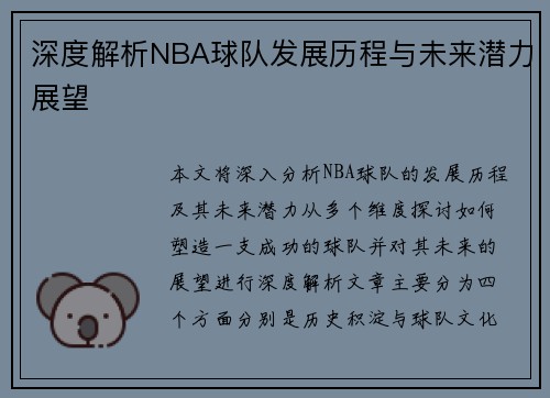 深度解析NBA球队发展历程与未来潜力展望