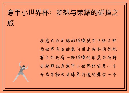 意甲小世界杯:梦想与荣耀的碰撞之旅