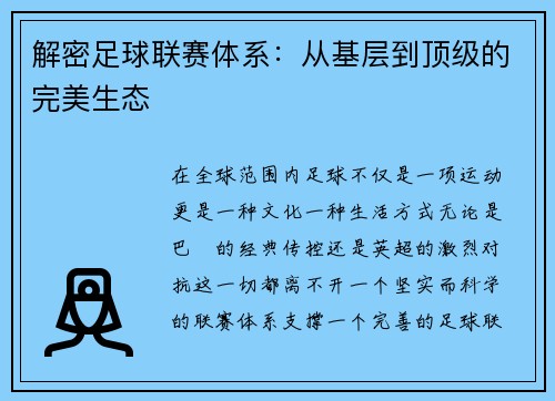 解密足球联赛体系:从基层到顶级的完美生态